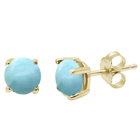 Yellow Gold Plated Round Natural Larimar Stud Earrings
