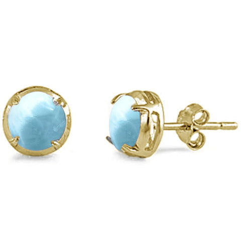 Yellow Gold Plated Round Shape Natural Larimar Stud
