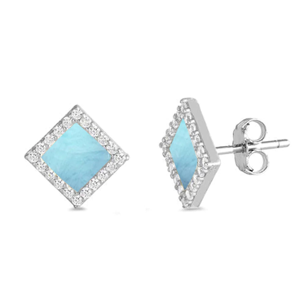 Natural Larimar Diamond Shape Stud Earrings