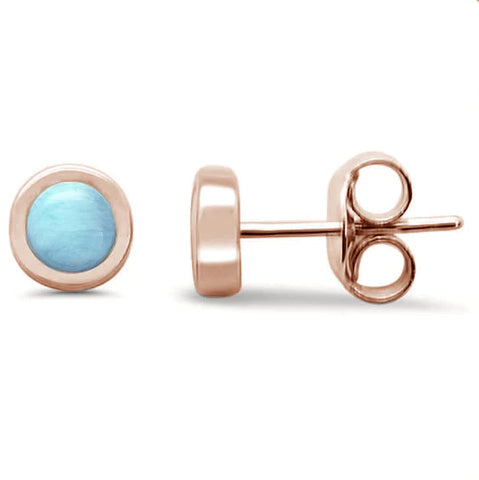 Rose Gold Plated Round Natural Larimar Stud Earrings