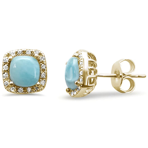 Yellow Gold Plated Natural Larimar Cushion Shape Earrings