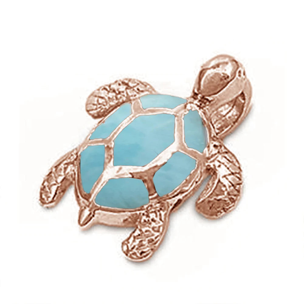 Rose Gold Plated Natural Larimar Sea Turtle Pendant