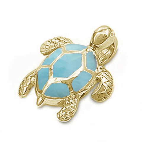 Yellow Gold Plated Natural Larimar Sea Turtle Pendant