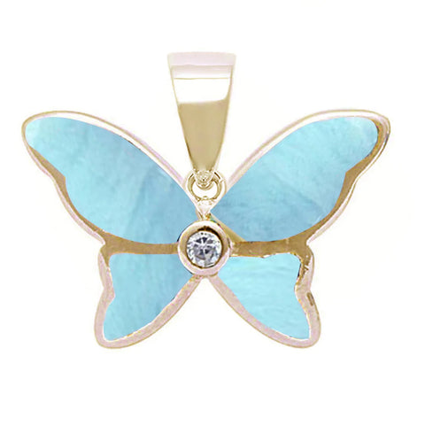 Yellow Gold Plated Natural Larimar Butterfly Pendant
