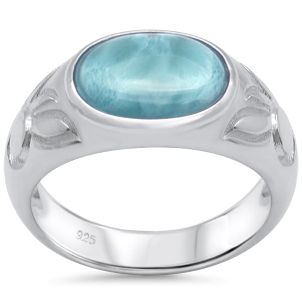 Oval Natural Larimar Engraved Ring