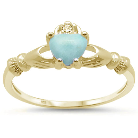 Yellow Gold Plated Natural Larimar Claddagh Ring