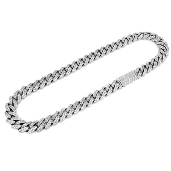 14K White Gold Diamond Round Cuban Necklace