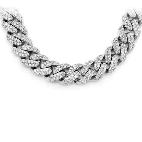 14K White Gold Diamond Round Cuban Necklace